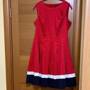 Red Polka Dot Dress with Navy and White Hem New without tag. Fully lined.